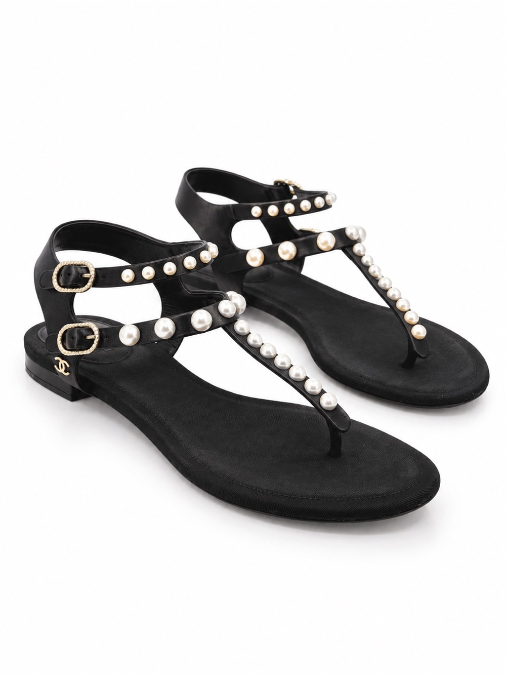 CHANEL Black Leather Pearl T-Strap Flat Thong Sandals 41